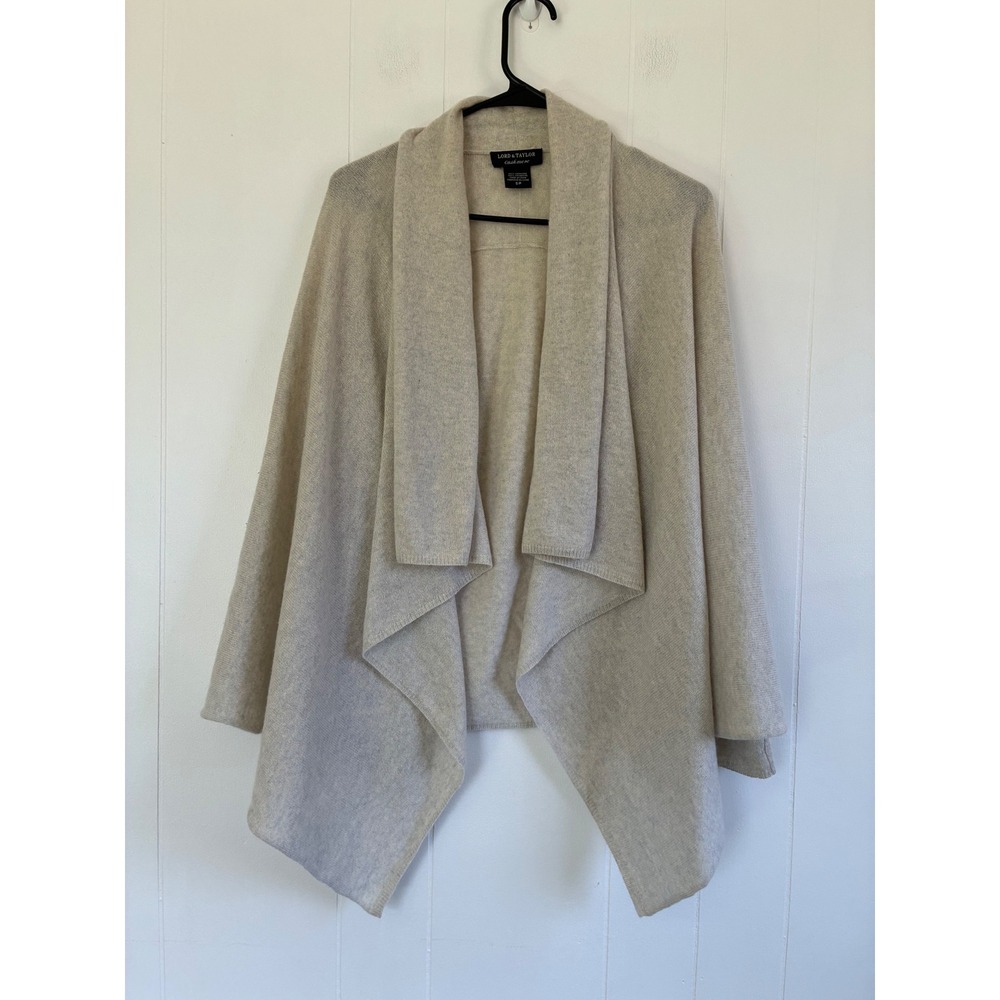 Lord & Taylor Cashmere Waterfall Cardigan Oatmeal Beige Draped Open‎ Front S/P